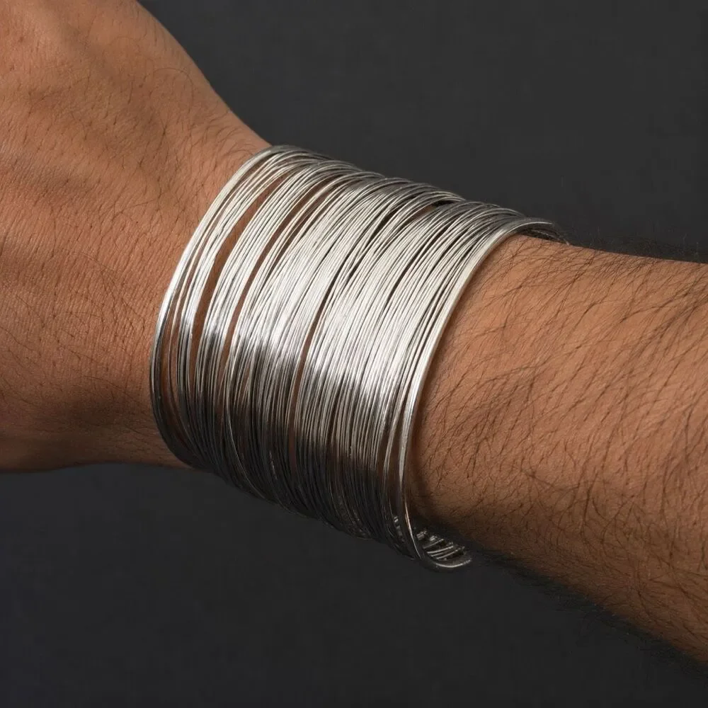 Modern Silver Wire Cuff Slinky Bracelet - Retro Sculptural Style